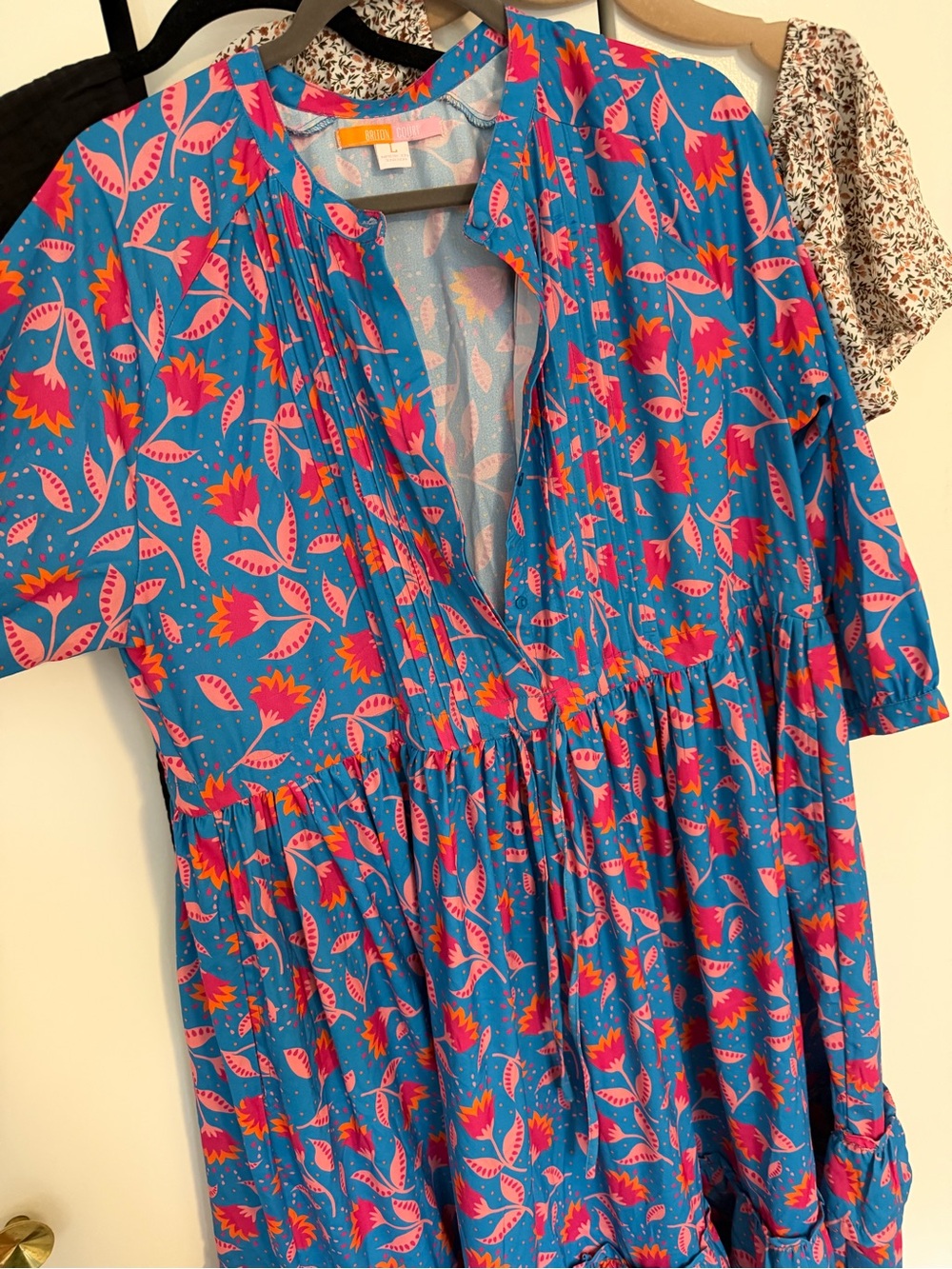 Girls Blue Tiered Dress with Pink Floral Leaves